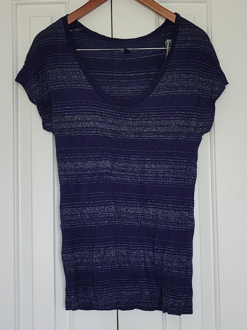 Navy Blue Metallic Stripe Scoop Neck Knit Top | Short Sleeve Shimmer Tee
